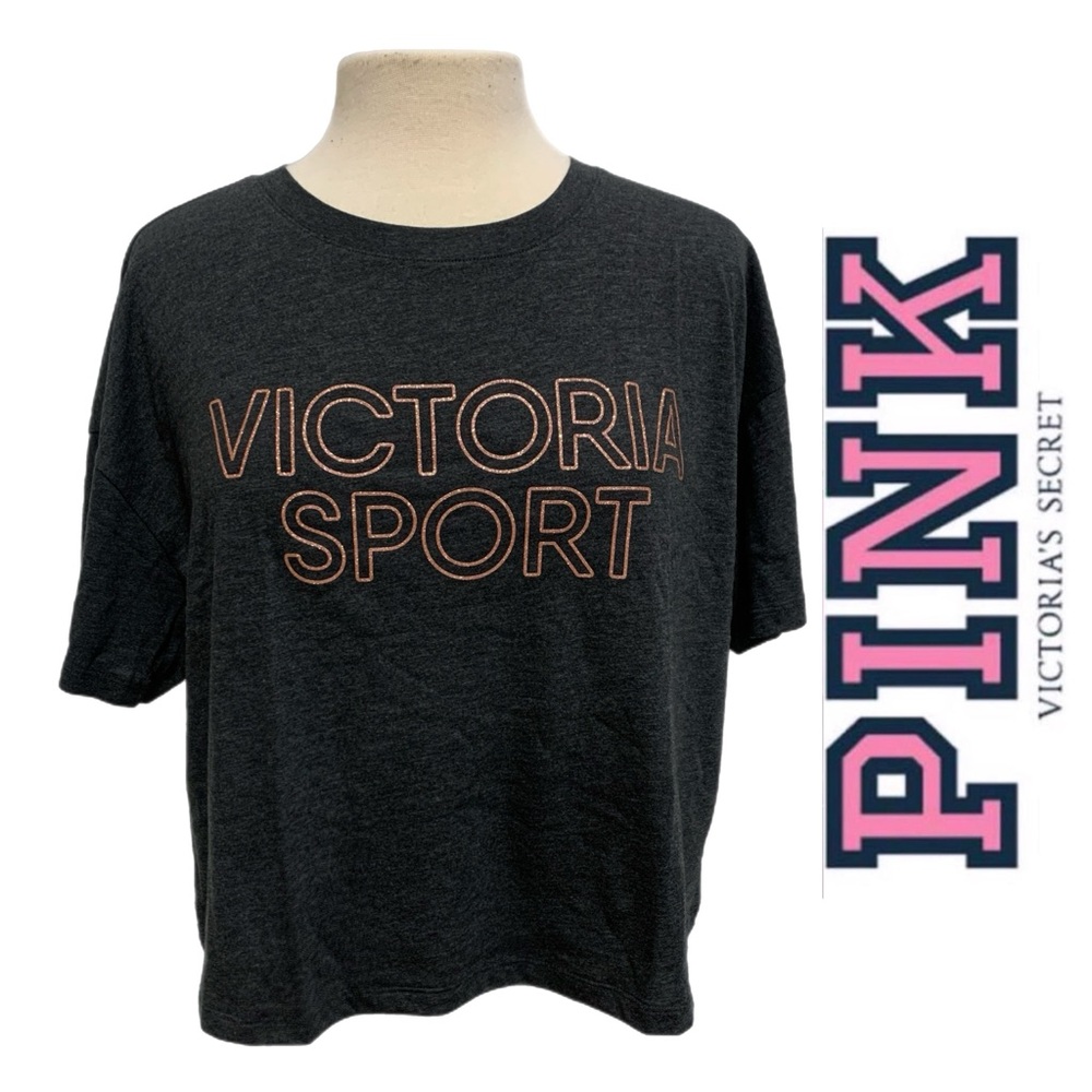 Victoria Sport Charcoal Oversized Crop Top with Glitter‎ Print 6014